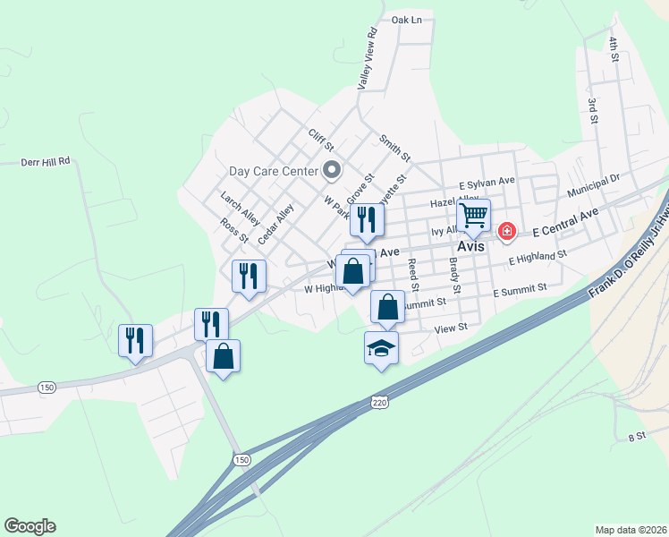 map of restaurants, bars, coffee shops, grocery stores, and more near 217 West Central Avenue in Avis