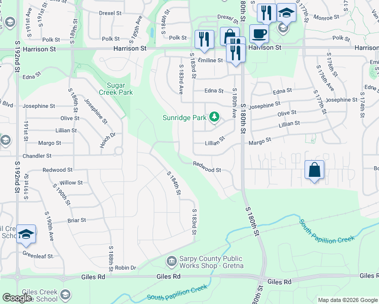 map of restaurants, bars, coffee shops, grocery stores, and more near 7416 South 183rd Street in Omaha