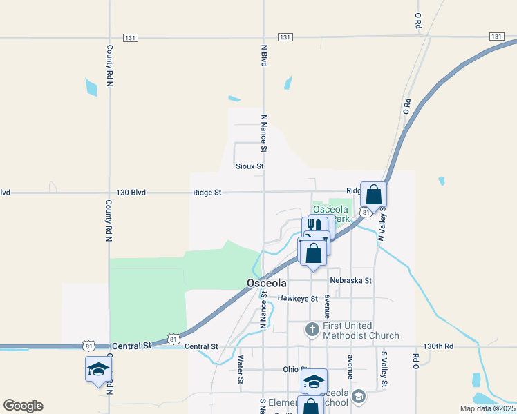 map of restaurants, bars, coffee shops, grocery stores, and more near 640 North Nance Street in Osceola
