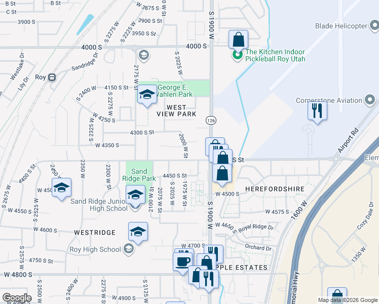 map of restaurants, bars, coffee shops, grocery stores, and more near 4362 South 2000 West in Roy