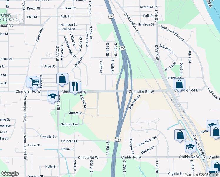 map of restaurants, bars, coffee shops, grocery stores, and more near 1802 Chandler Road West in Bellevue