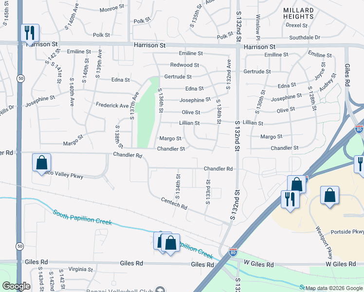 map of restaurants, bars, coffee shops, grocery stores, and more near 13564 Chandler St in Omaha