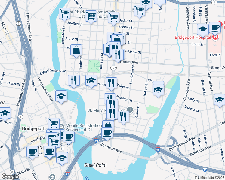 map of restaurants, bars, coffee shops, grocery stores, and more near 690 East Main Street in Bridgeport