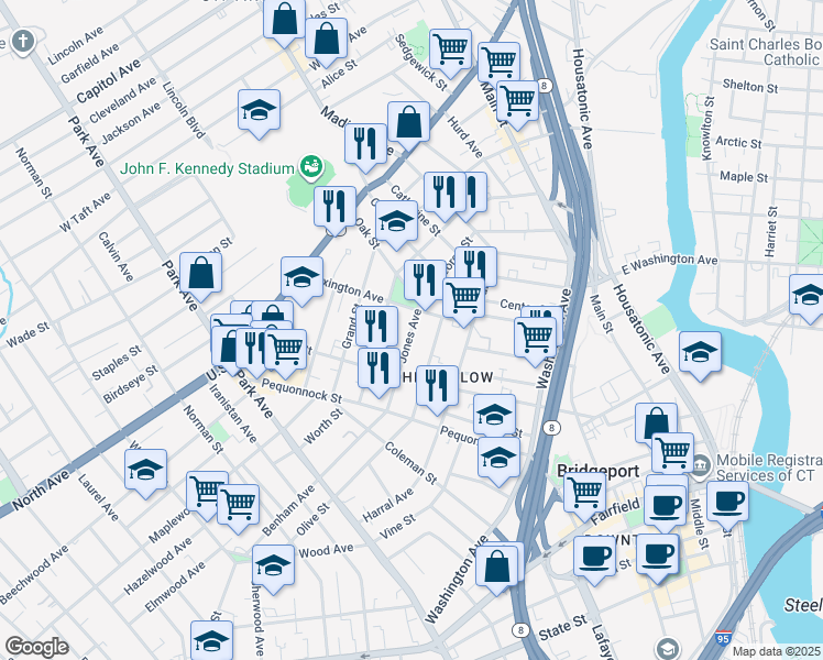 map of restaurants, bars, coffee shops, grocery stores, and more near 157 Jones Avenue in Bridgeport
