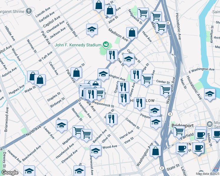 map of restaurants, bars, coffee shops, grocery stores, and more near 138a Chestnut Street in Bridgeport