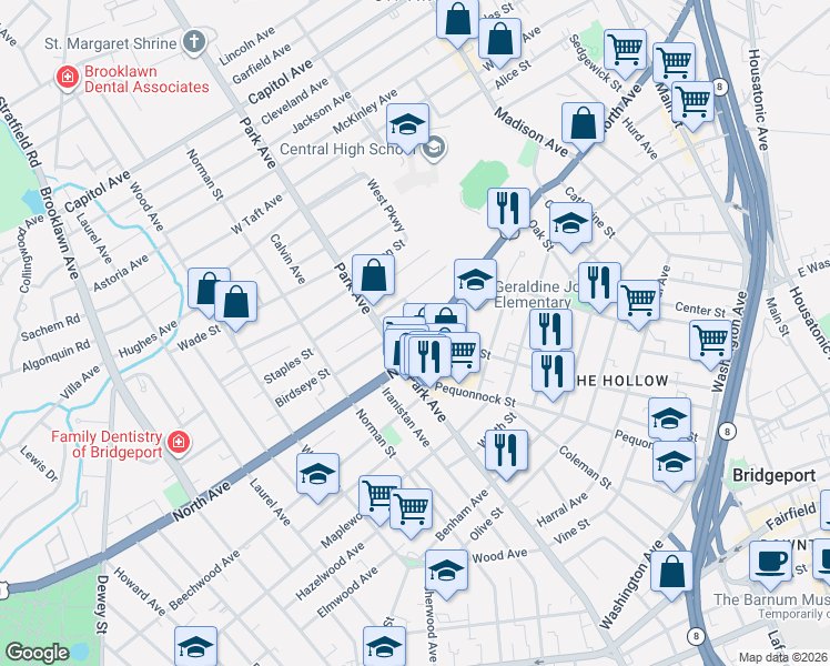 map of restaurants, bars, coffee shops, grocery stores, and more near 1690 North Avenue in Bridgeport
