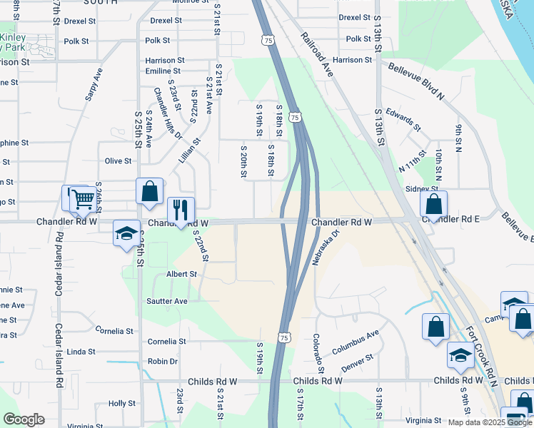 map of restaurants, bars, coffee shops, grocery stores, and more near 1802 Chandler Road West in Bellevue