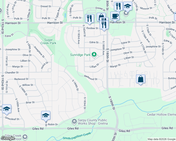 map of restaurants, bars, coffee shops, grocery stores, and more near 18054 Margo Street in Omaha