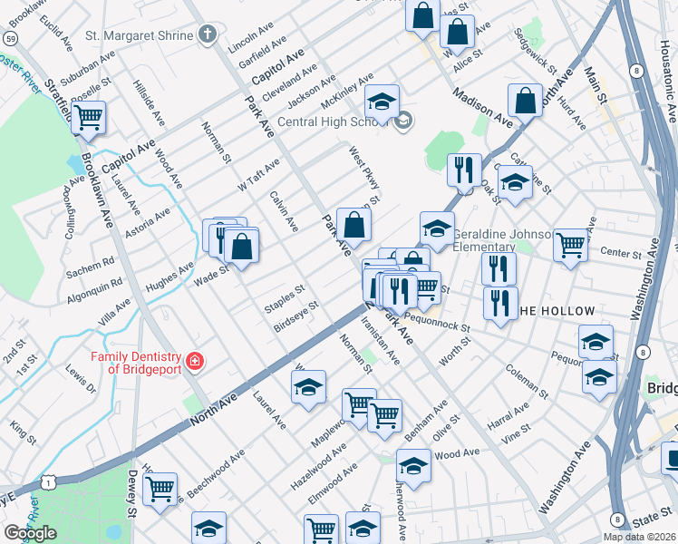 map of restaurants, bars, coffee shops, grocery stores, and more near 61 Merchant Street in Bridgeport