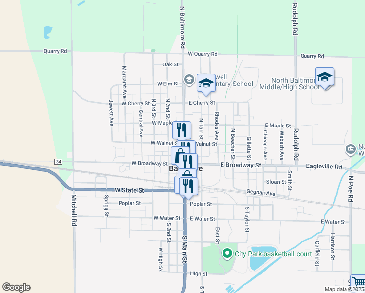 map of restaurants, bars, coffee shops, grocery stores, and more near 233 N Main St in North Baltimore