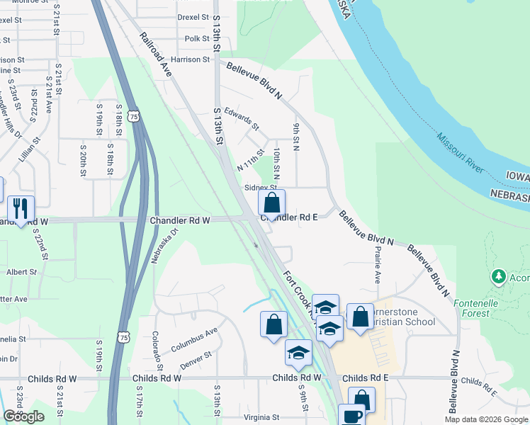 map of restaurants, bars, coffee shops, grocery stores, and more near 1403 Fort Crook Road North in Bellevue