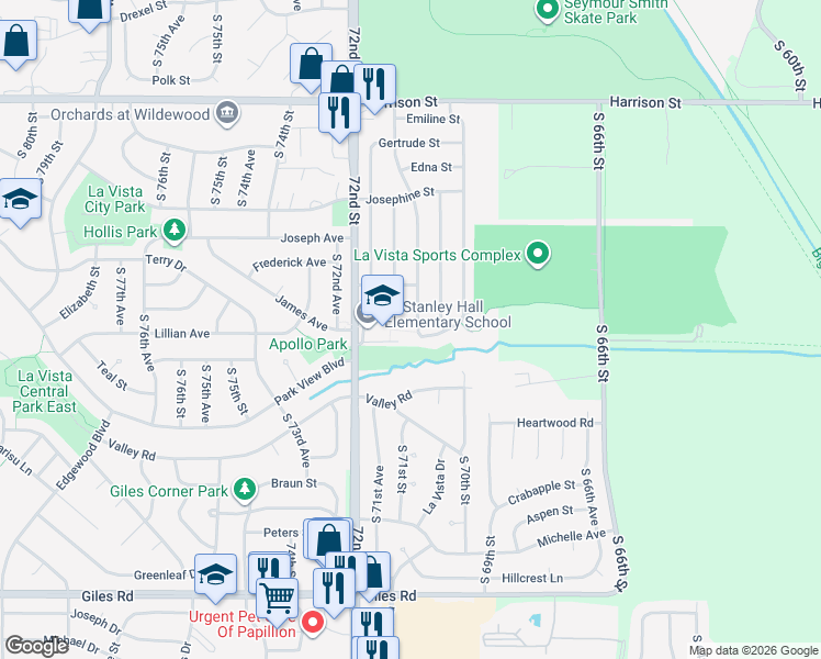 map of restaurants, bars, coffee shops, grocery stores, and more near 7438 South 69th Street in La Vista