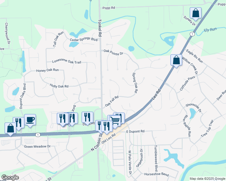 map of restaurants, bars, coffee shops, grocery stores, and more near 10824 Oak Fall Court in Fort Wayne
