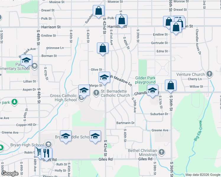 map of restaurants, bars, coffee shops, grocery stores, and more near 7610 South 41st Avenue in Bellevue