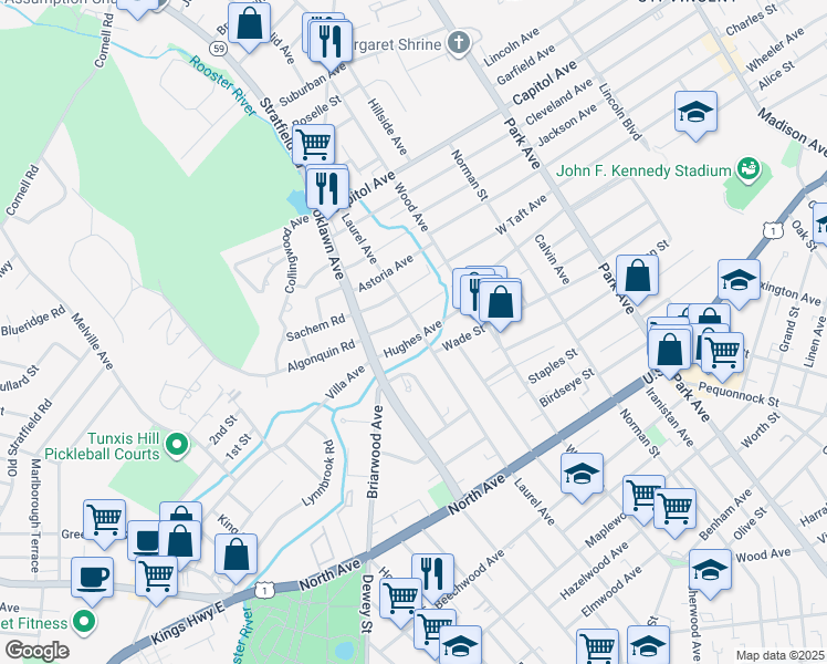 map of restaurants, bars, coffee shops, grocery stores, and more near 134 Hughes Avenue in Bridgeport