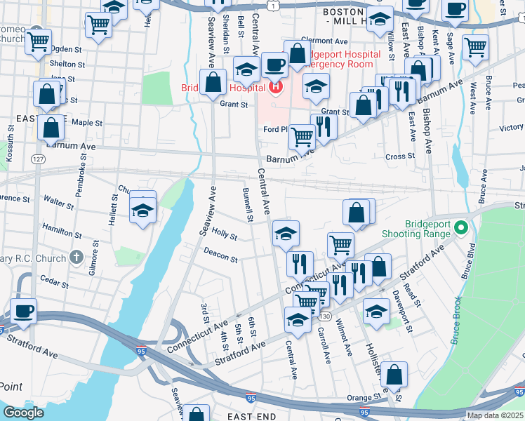 map of restaurants, bars, coffee shops, grocery stores, and more near 1239 Central Avenue in Bridgeport