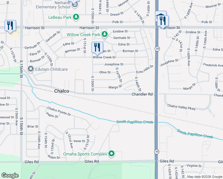 map of restaurants, bars, coffee shops, grocery stores, and more near 14801 Margo Street in Omaha