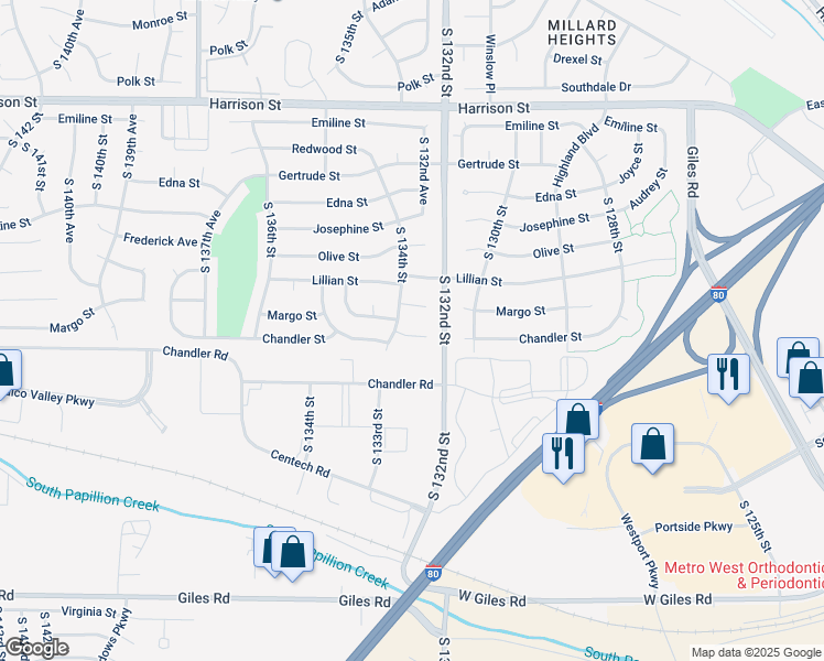 map of restaurants, bars, coffee shops, grocery stores, and more near 13304 Chandler Court in Omaha