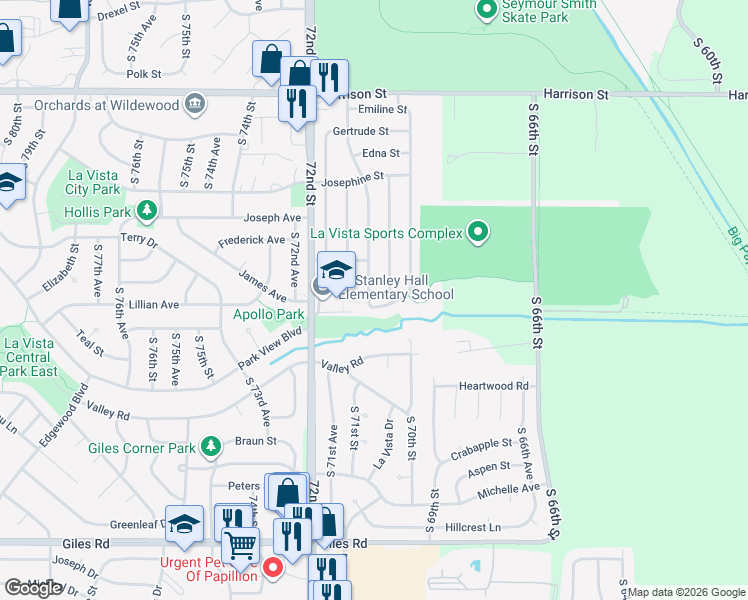 map of restaurants, bars, coffee shops, grocery stores, and more near 7438 South 69th Street in La Vista