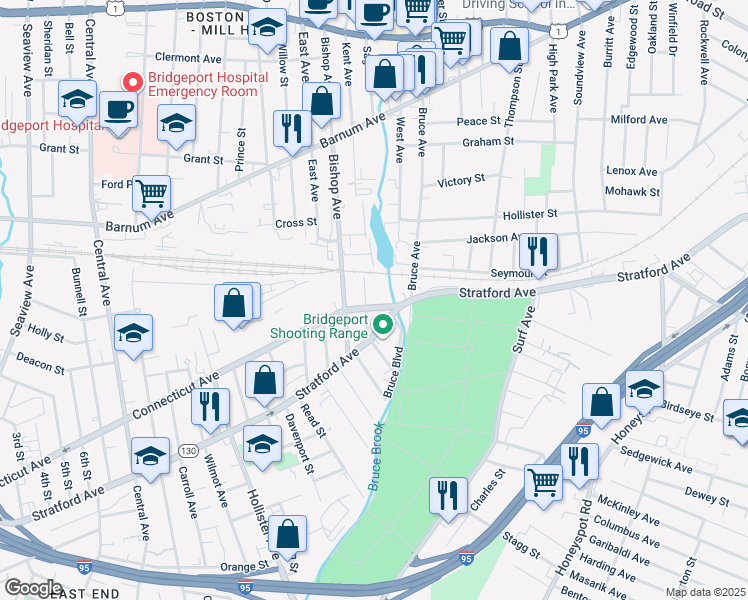 map of restaurants, bars, coffee shops, grocery stores, and more near 1313 Connecticut Avenue in Bridgeport
