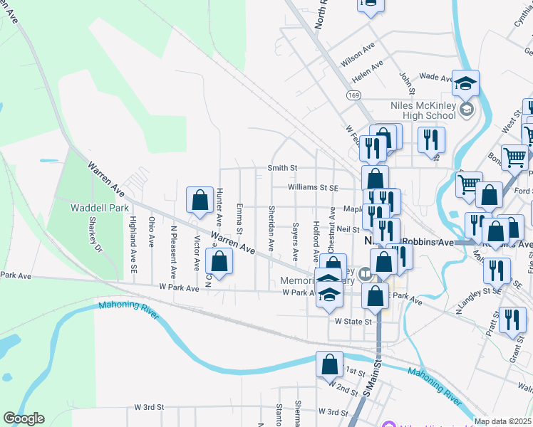 map of restaurants, bars, coffee shops, grocery stores, and more near 220 Sheridan Ave in Niles