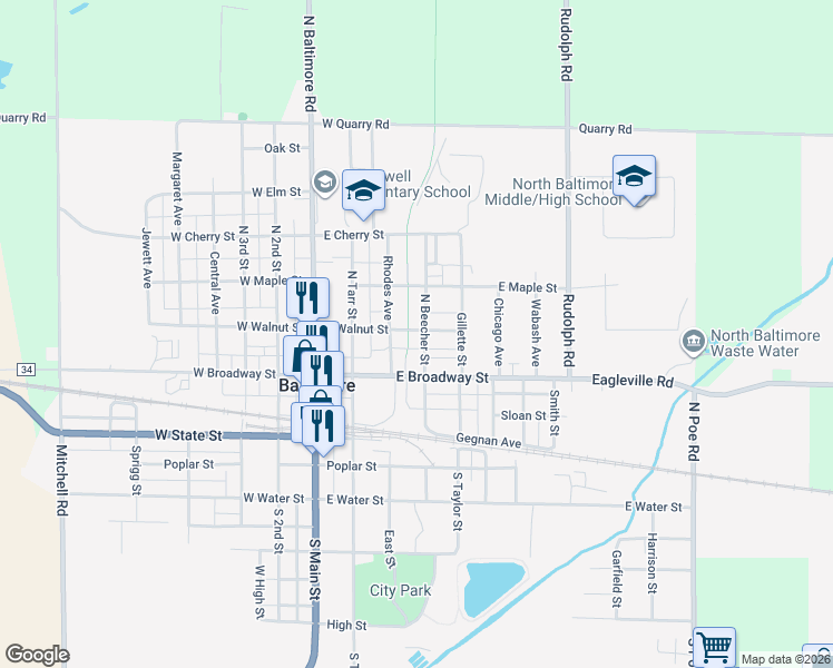 map of restaurants, bars, coffee shops, grocery stores, and more near 315 E Walnut St in North Baltimore