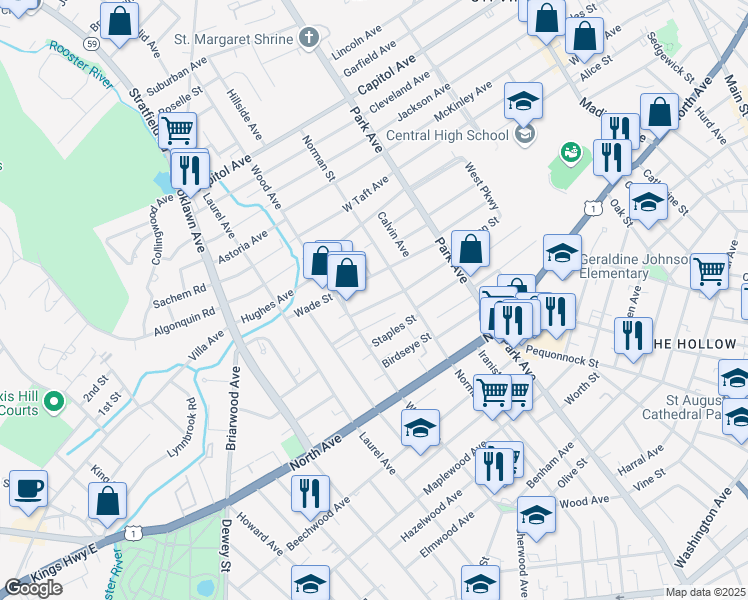map of restaurants, bars, coffee shops, grocery stores, and more near 204 Eaton Street in Bridgeport