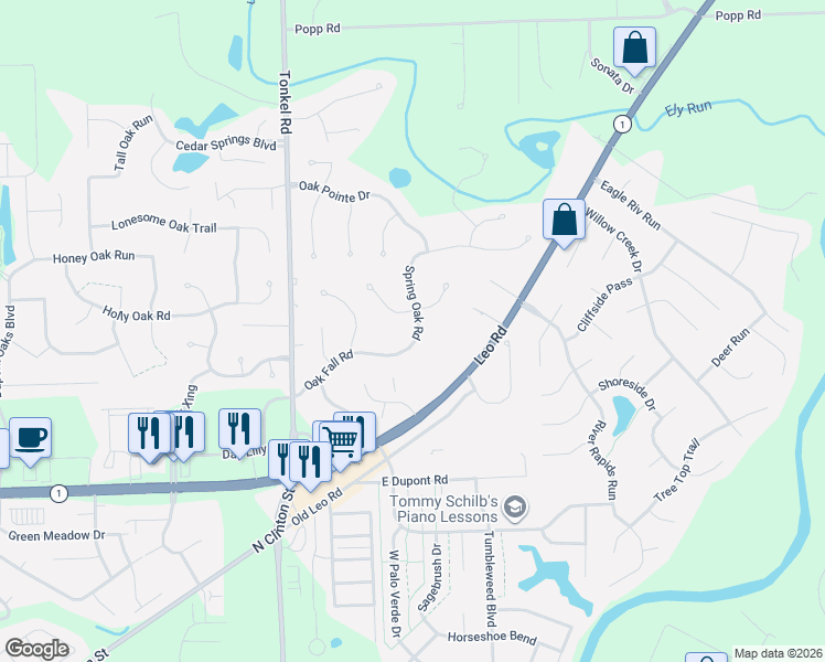 map of restaurants, bars, coffee shops, grocery stores, and more near 10813 Spring Oak Road in Fort Wayne