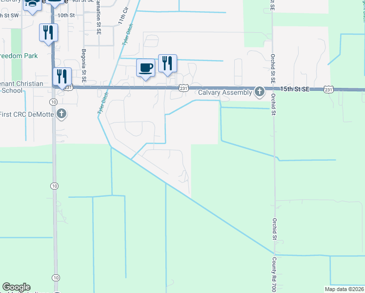 map of restaurants, bars, coffee shops, grocery stores, and more near 605 Holly Street Southeast in De Motte