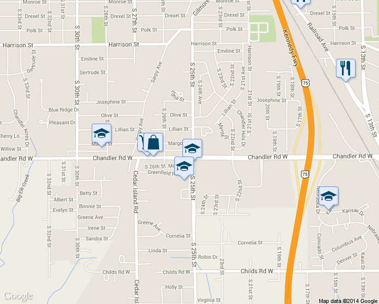 map of restaurants, bars, coffee shops, grocery stores, and more near 7608 South 25th Street in Bellevue