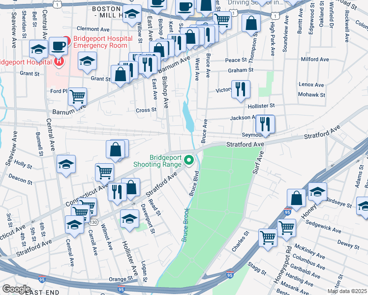 map of restaurants, bars, coffee shops, grocery stores, and more near 1313 Connecticut Avenue in Bridgeport