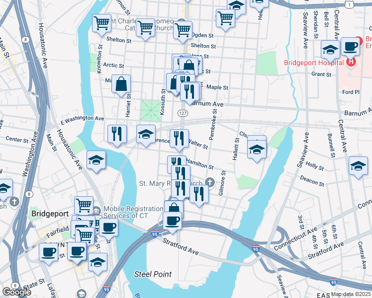 map of restaurants, bars, coffee shops, grocery stores, and more near 690 East Main Street in Bridgeport