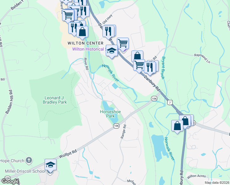 map of restaurants, bars, coffee shops, grocery stores, and more near 47 Wilton Crest in Wilton