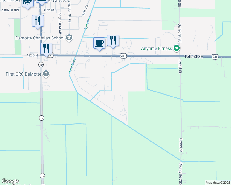 map of restaurants, bars, coffee shops, grocery stores, and more near 605 Holly Street Southeast in De Motte