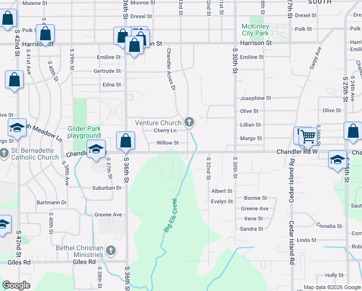 map of restaurants, bars, coffee shops, grocery stores, and more near 3225 Willow Street in Bellevue