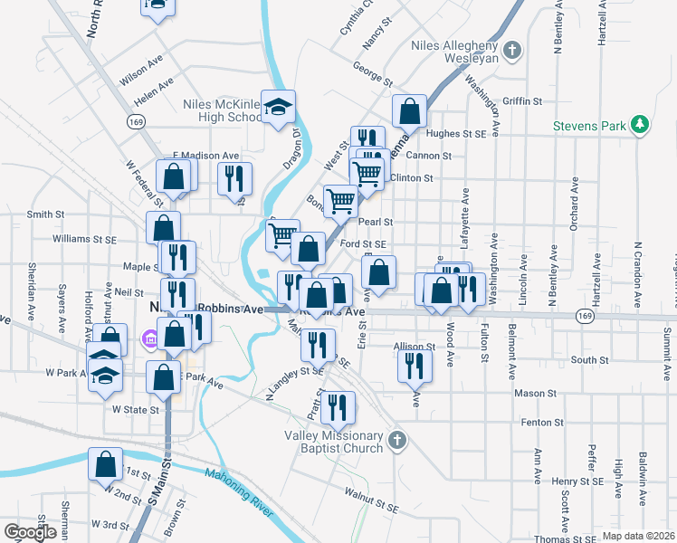 map of restaurants, bars, coffee shops, grocery stores, and more near 122 Leslie Avenue in Niles