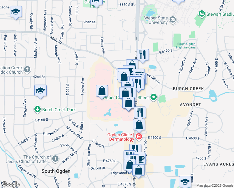 map of restaurants, bars, coffee shops, grocery stores, and more near 1113 Country Hills Drive in Ogden