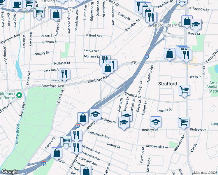 map of restaurants, bars, coffee shops, grocery stores, and more near 1627 South Avenue in Stratford