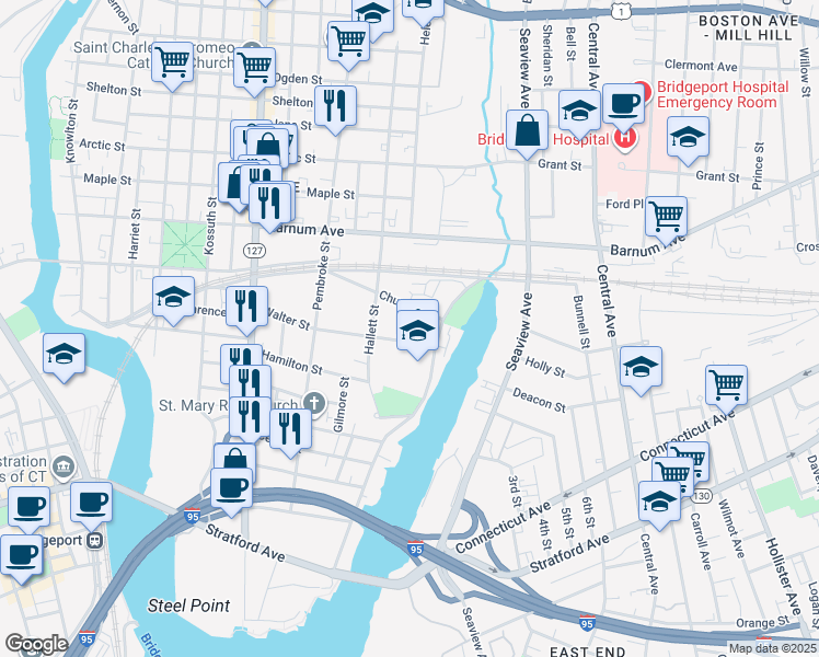 map of restaurants, bars, coffee shops, grocery stores, and more near 219 Martin Luther King Drive in Bridgeport