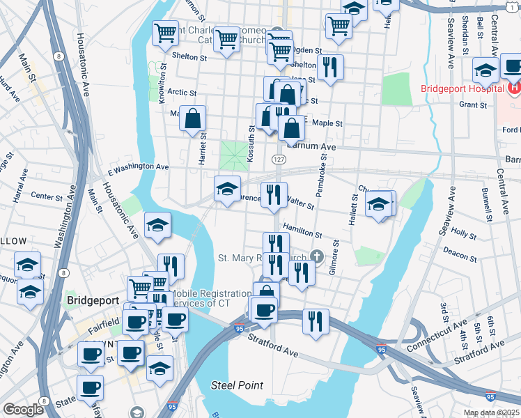 map of restaurants, bars, coffee shops, grocery stores, and more near 279 Pulaski Street in Bridgeport