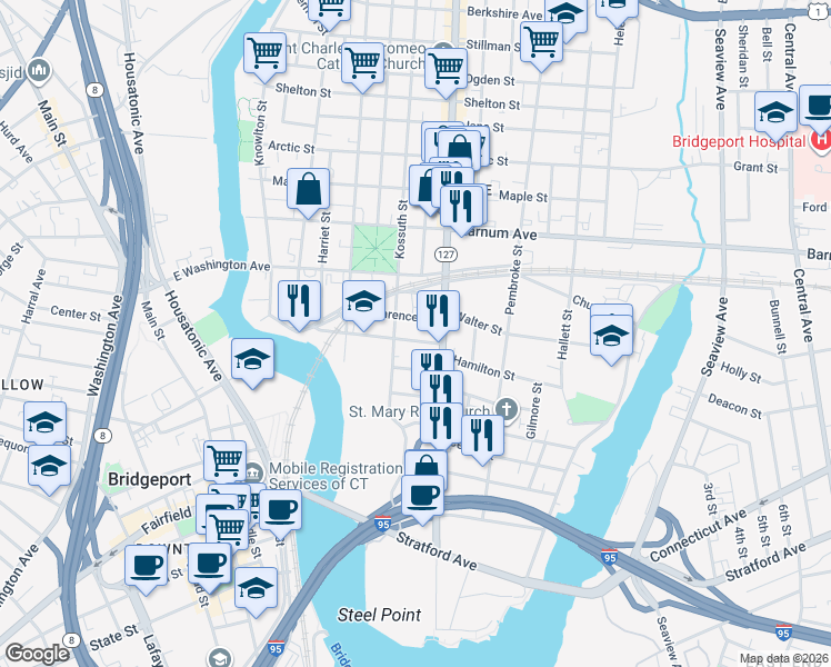 map of restaurants, bars, coffee shops, grocery stores, and more near 279 Pulaski Street in Bridgeport