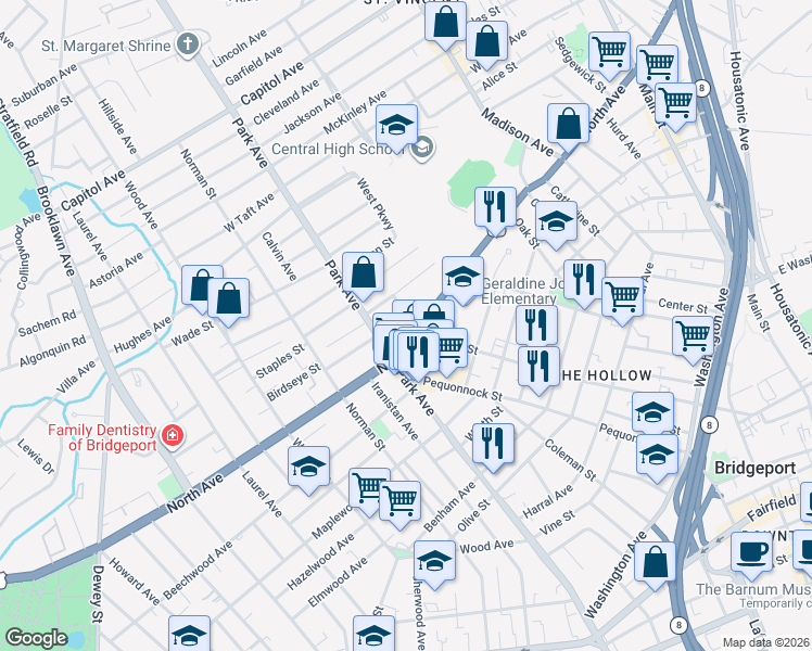 map of restaurants, bars, coffee shops, grocery stores, and more near 1690 North Avenue in Bridgeport