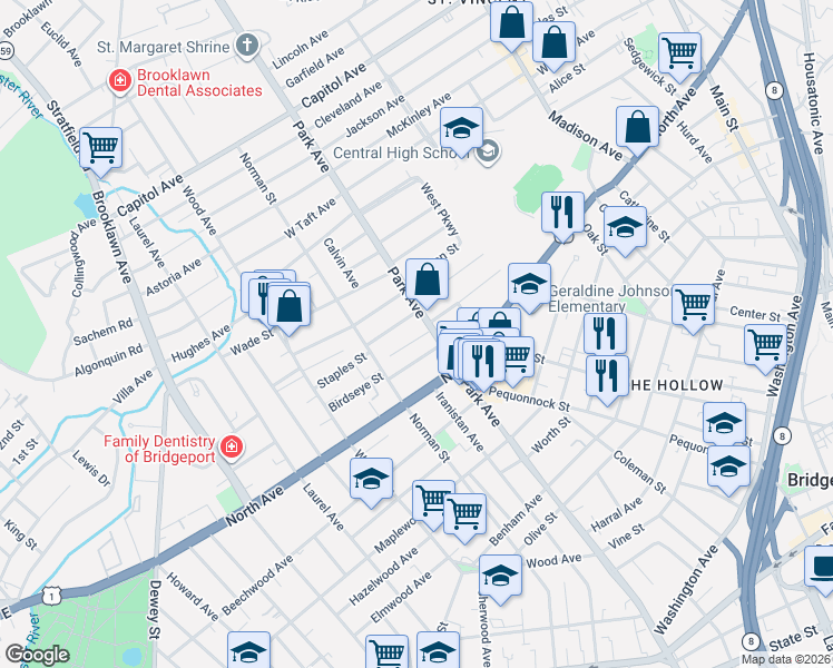 map of restaurants, bars, coffee shops, grocery stores, and more near 1815 Park Avenue in Bridgeport