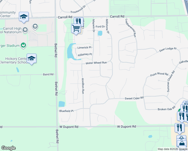 map of restaurants, bars, coffee shops, grocery stores, and more near 2932 Mariposa Place in Fort Wayne