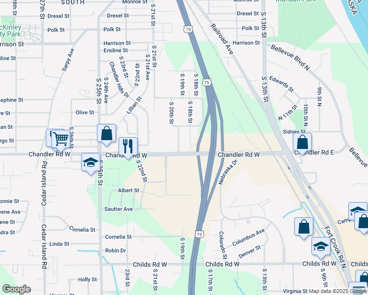 map of restaurants, bars, coffee shops, grocery stores, and more near 1802 Chandler Road West in Bellevue