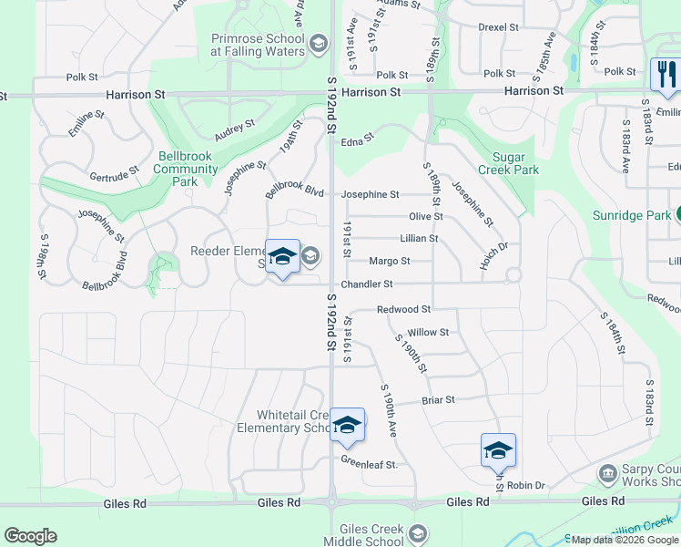 map of restaurants, bars, coffee shops, grocery stores, and more near 7530 South 191st Street in Omaha
