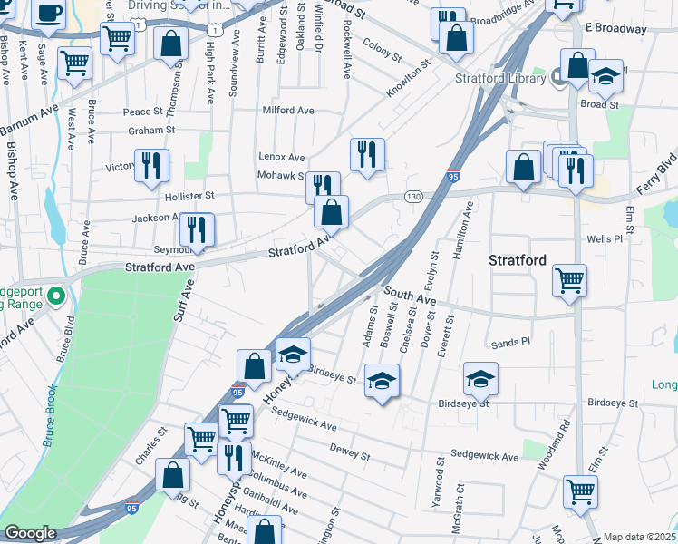 map of restaurants, bars, coffee shops, grocery stores, and more near 1627 South Avenue in Stratford