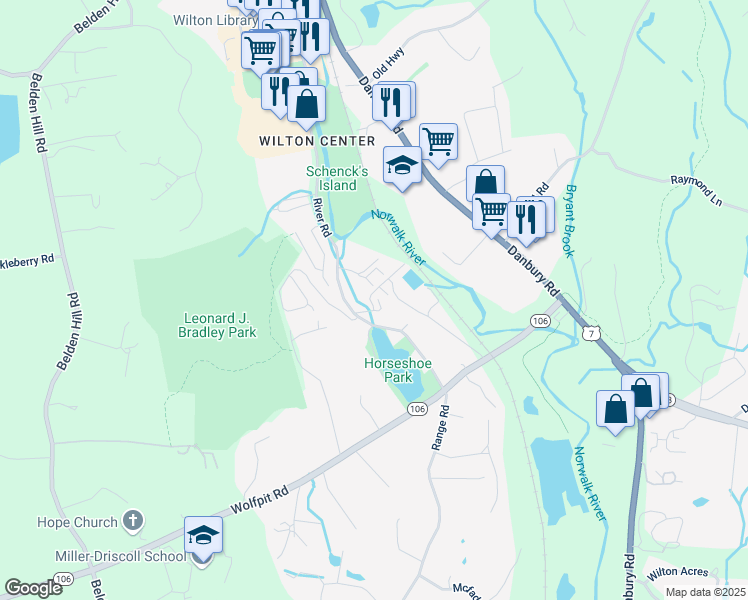 map of restaurants, bars, coffee shops, grocery stores, and more near 3 Wilton Crest in Wilton