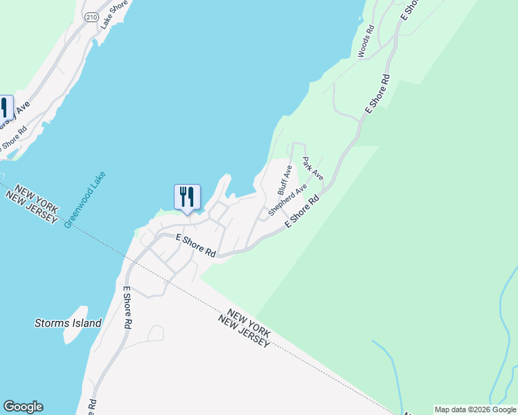 map of restaurants, bars, coffee shops, grocery stores, and more near 33 Shore Avenue in Greenwood Lake