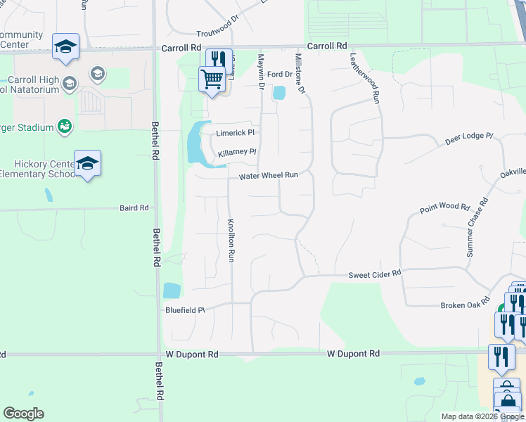 map of restaurants, bars, coffee shops, grocery stores, and more near 2932 Mariposa Place in Fort Wayne